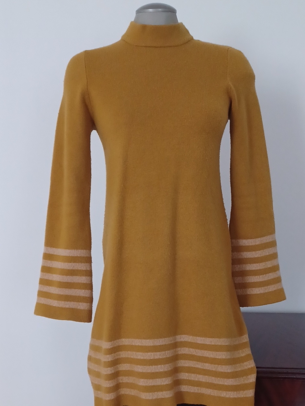 Jasmine&Juliana Mustard Bell -Sleeve A-Line Dress with Striped Hem Size S